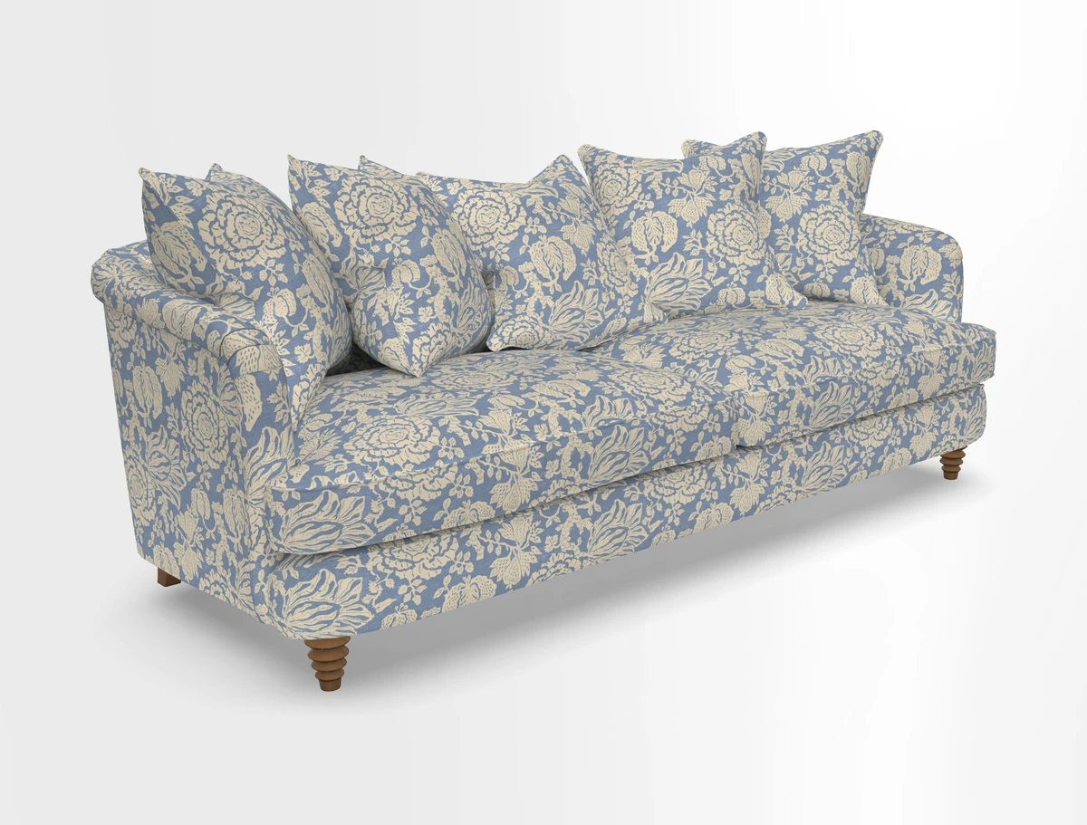 Helmsley Sofa in Mohair Velvet Fir Green with Seat and Back Cushions in RHS Collection Trailing Vine Olive and Small Trailing Ivy Olive