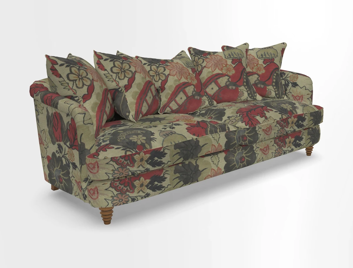 Helmsley Sofa in Mohair Velvet Fir Green with Seat and Back Cushions in RHS Collection Trailing Vine Olive and Small Trailing Ivy Olive