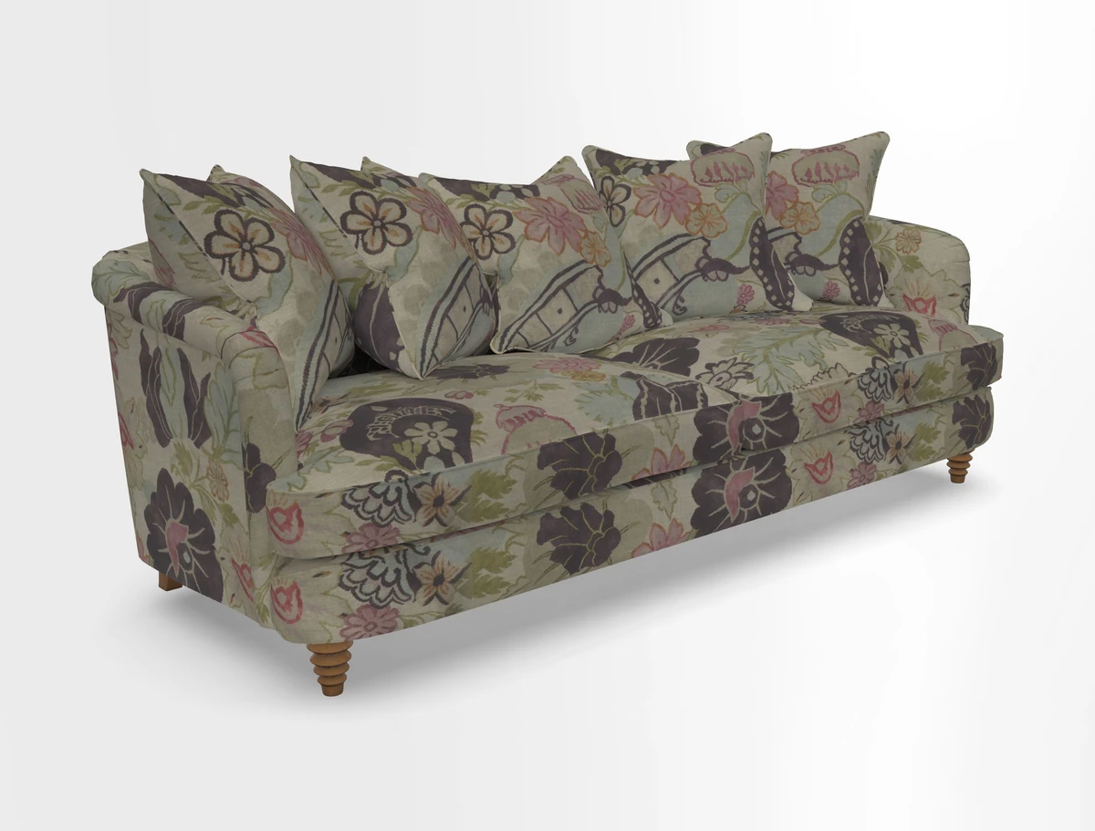 Helmsley Sofa in Mohair Velvet Fir Green with Seat and Back Cushions in RHS Collection Trailing Vine Olive and Small Trailing Ivy Olive