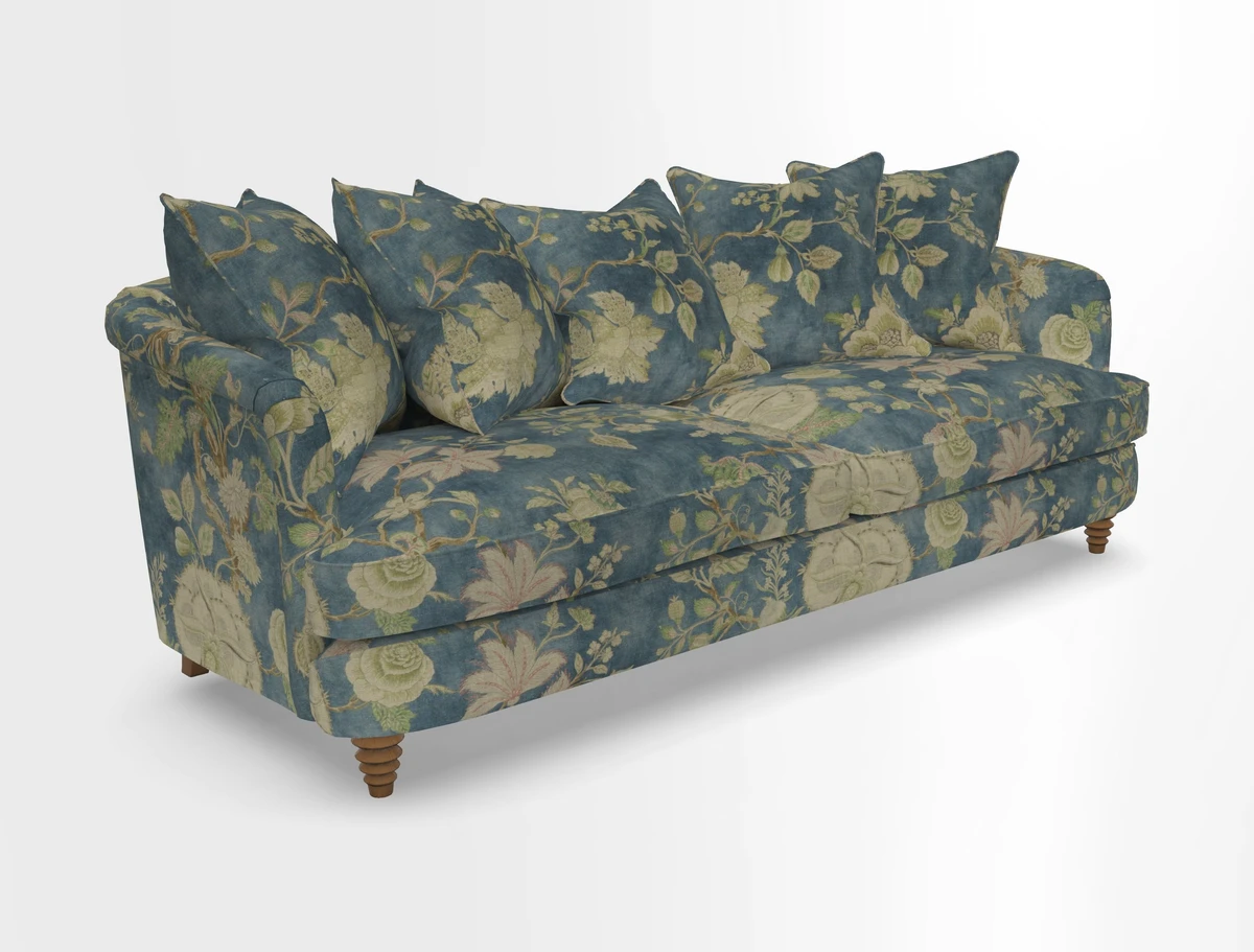Helmsley Sofa in Mohair Velvet Fir Green with Seat and Back Cushions in RHS Collection Trailing Vine Olive and Small Trailing Ivy Olive