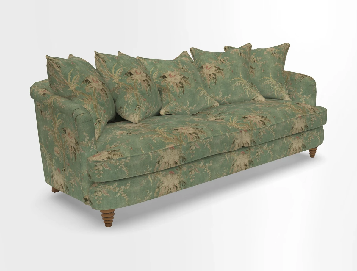 Helmsley Sofa in Mohair Velvet Fir Green with Seat and Back Cushions in RHS Collection Trailing Vine Olive and Small Trailing Ivy Olive