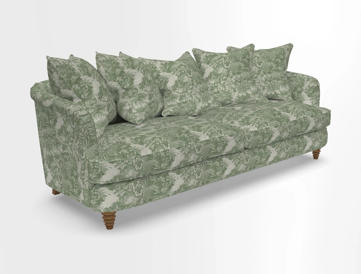 Helmsley Sofa in Mohair Velvet Fir Green with Seat and Back Cushions in RHS Collection Trailing Vine Olive and Small Trailing Ivy Olive