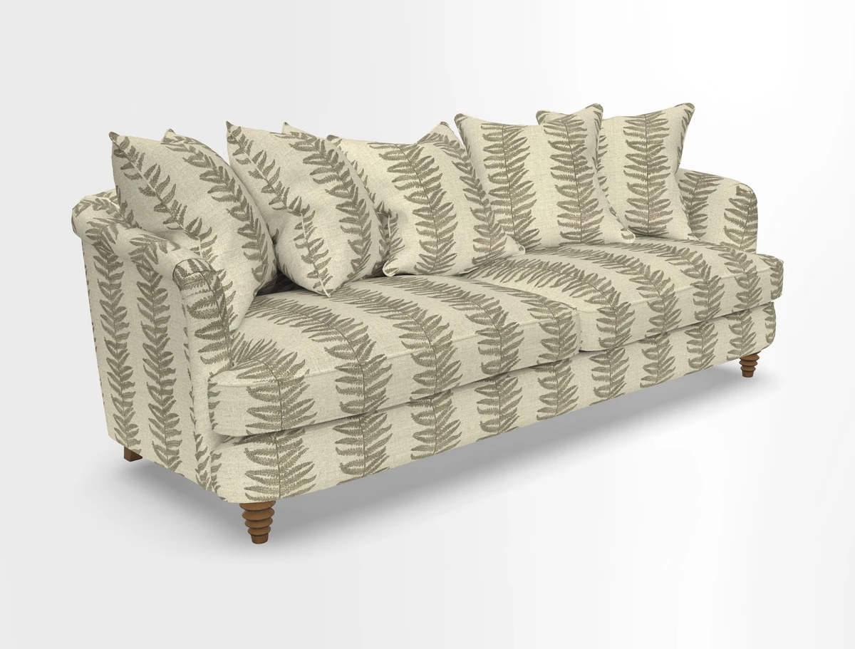 Helmsley Sofa in Mohair Velvet Fir Green with Seat and Back Cushions in RHS Collection Trailing Vine Olive and Small Trailing Ivy Olive
