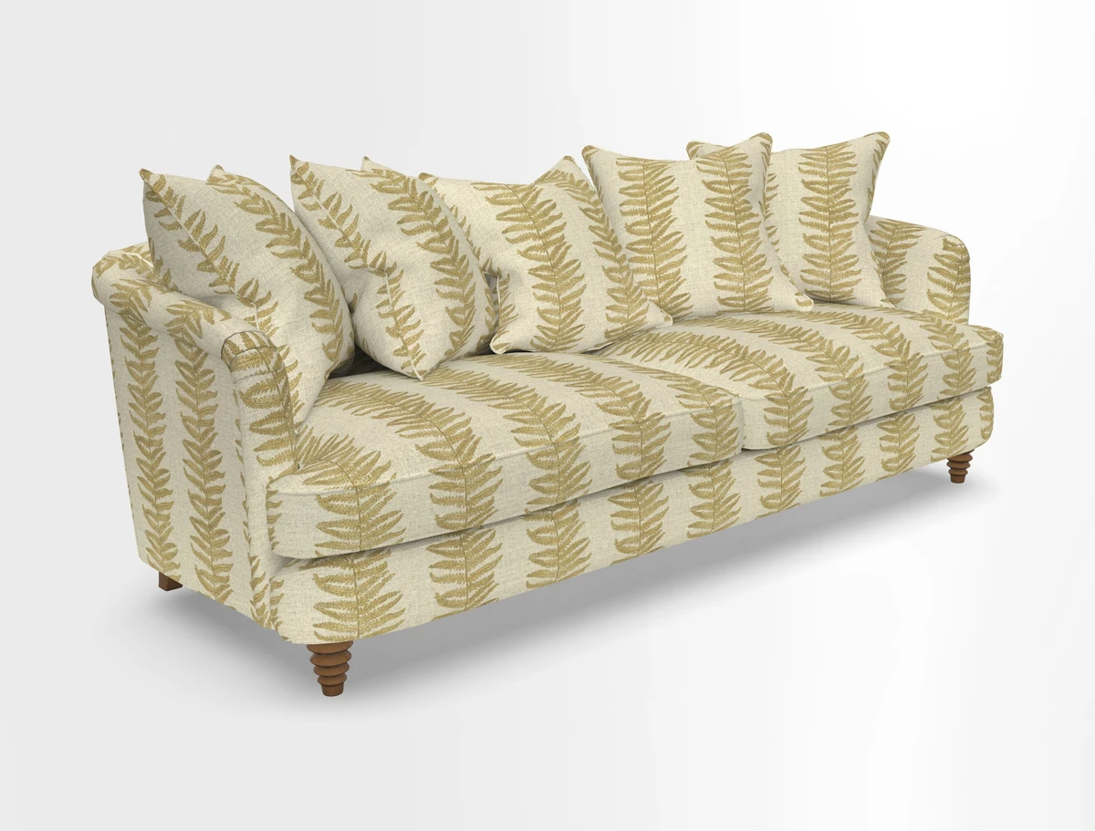 Helmsley Sofa in Mohair Velvet Fir Green with Seat and Back Cushions in RHS Collection Trailing Vine Olive and Small Trailing Ivy Olive