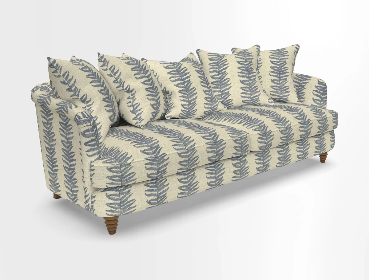 Helmsley Sofa in Mohair Velvet Fir Green with Seat and Back Cushions in RHS Collection Trailing Vine Olive and Small Trailing Ivy Olive