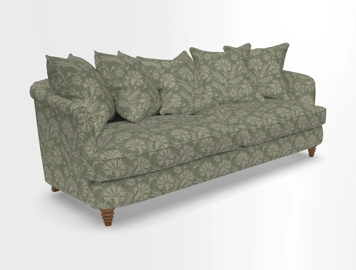 Helmsley Sofa in Mohair Velvet Fir Green with Seat and Back Cushions in RHS Collection Trailing Vine Olive and Small Trailing Ivy Olive