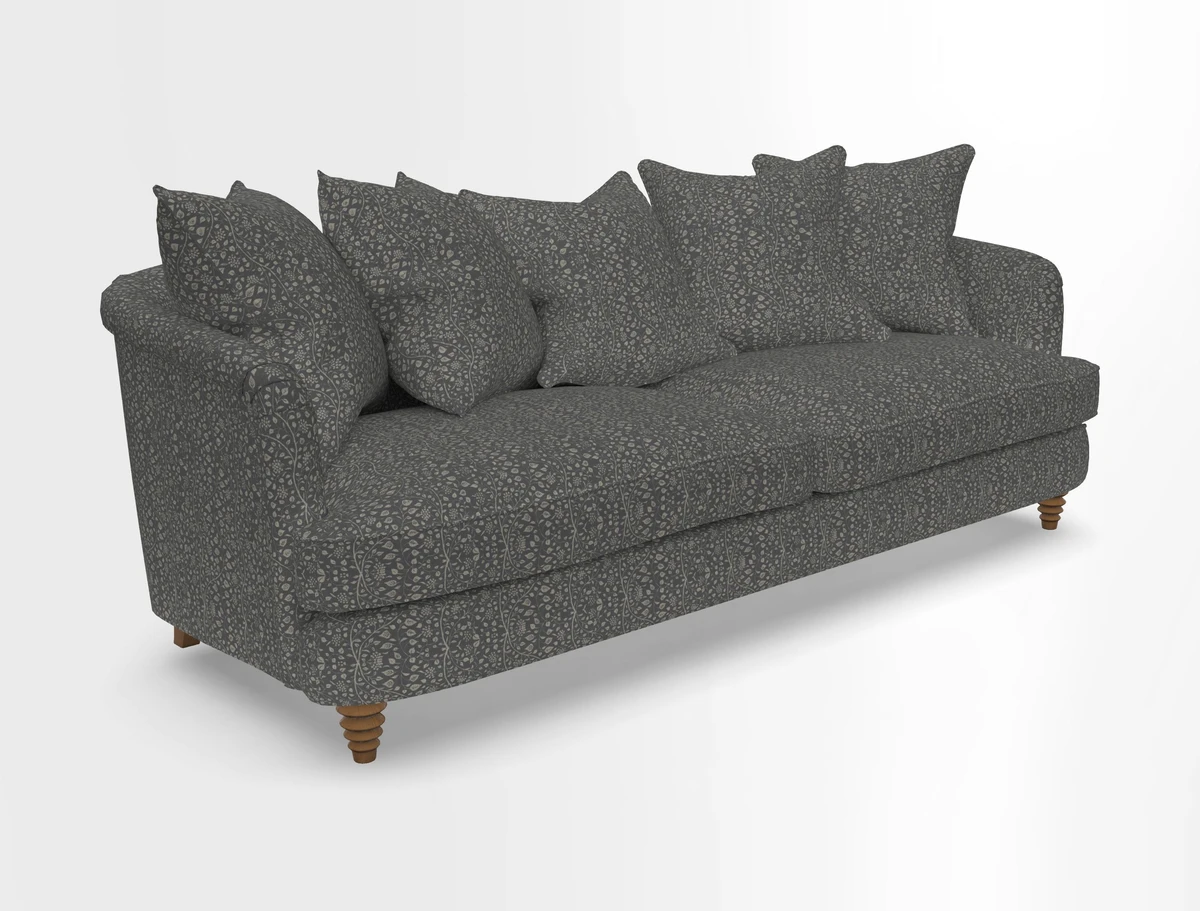 Helmsley Sofa in Mohair Velvet Fir Green with Seat and Back Cushions in RHS Collection Trailing Vine Olive and Small Trailing Ivy Olive