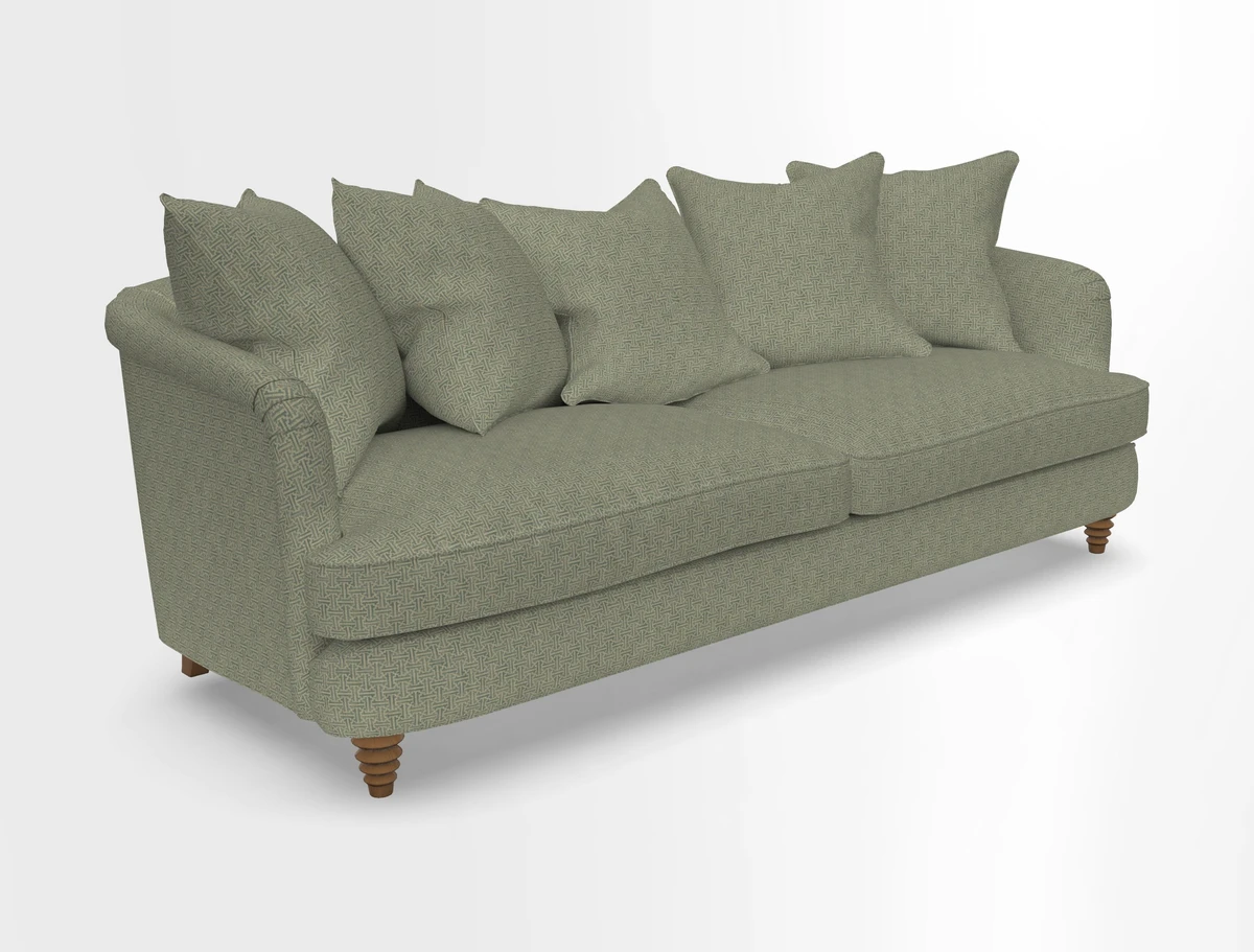 Helmsley Sofa in Mohair Velvet Fir Green with Seat and Back Cushions in RHS Collection Trailing Vine Olive and Small Trailing Ivy Olive