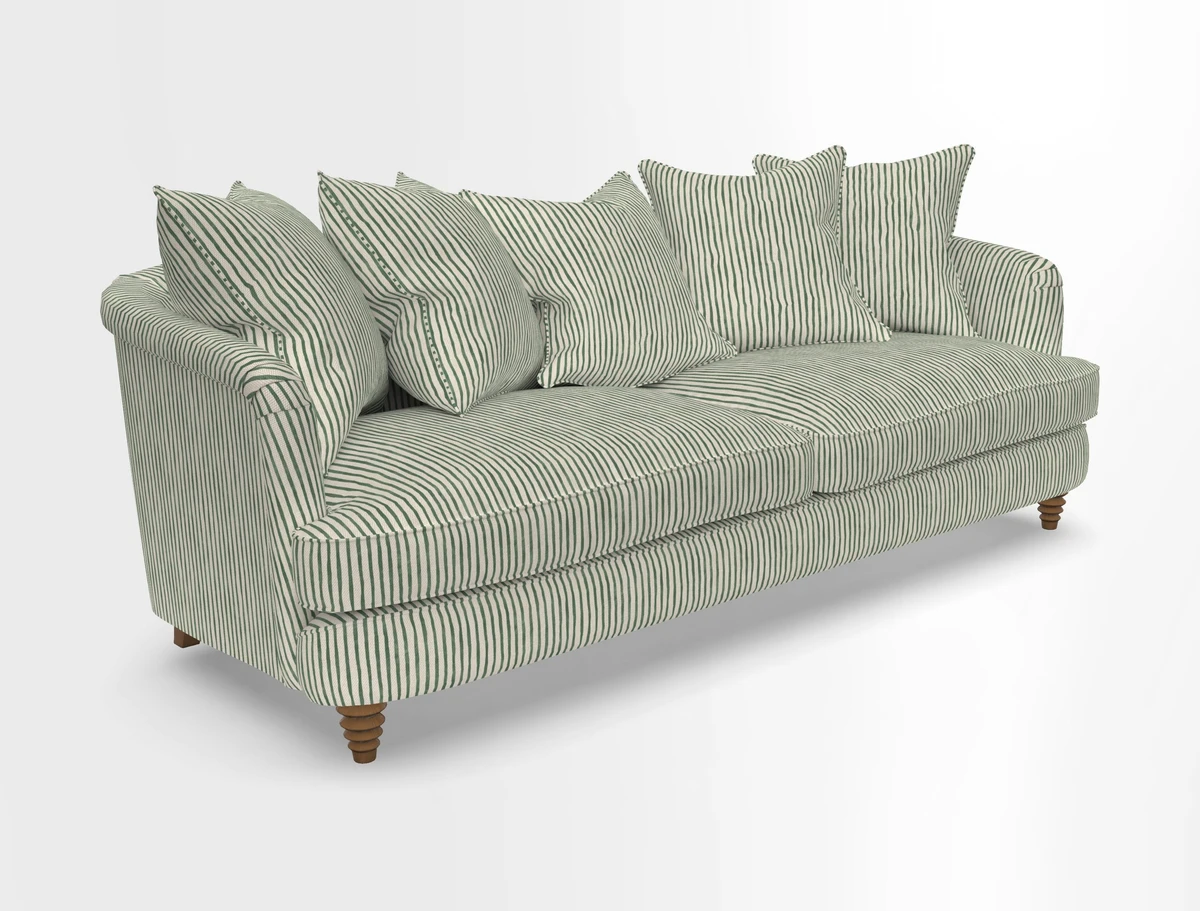 Helmsley Sofa in Mohair Velvet Fir Green with Seat and Back Cushions in RHS Collection Trailing Vine Olive and Small Trailing Ivy Olive