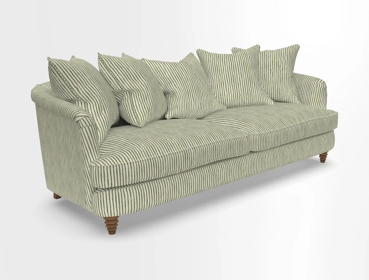 Helmsley Sofa in Mohair Velvet Fir Green with Seat and Back Cushions in RHS Collection Trailing Vine Olive and Small Trailing Ivy Olive