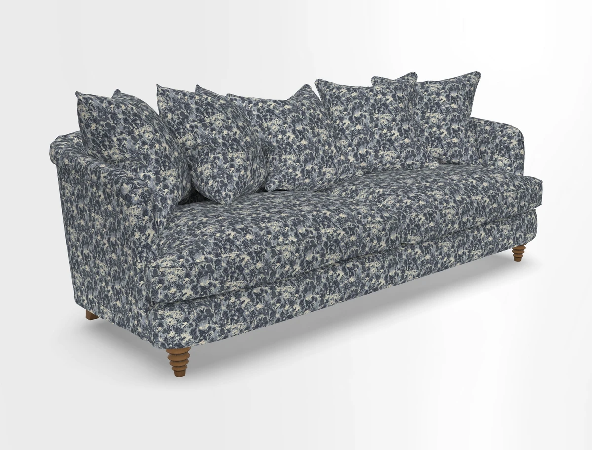 Helmsley Sofa in Mohair Velvet Fir Green with Seat and Back Cushions in RHS Collection Trailing Vine Olive and Small Trailing Ivy Olive