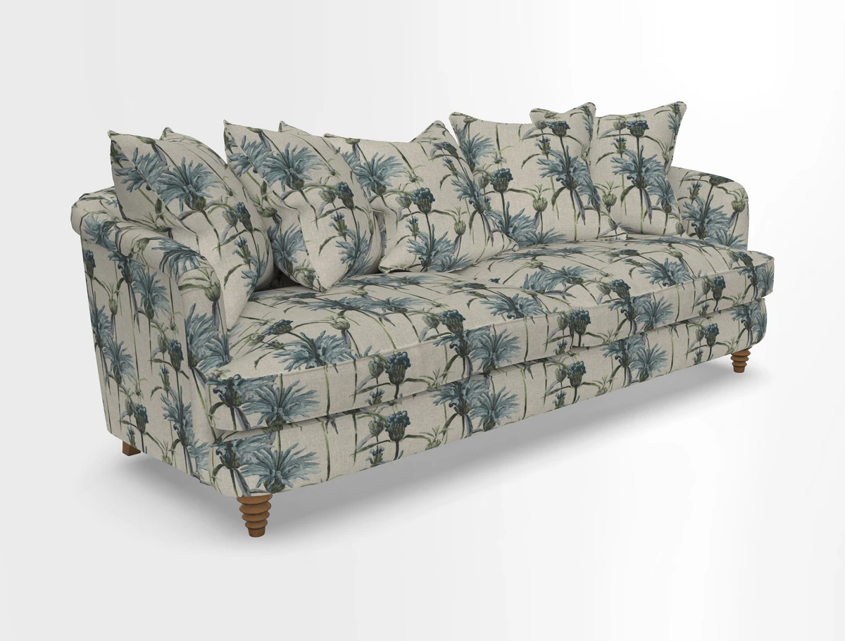 Helmsley Sofa in Mohair Velvet Fir Green with Seat and Back Cushions in RHS Collection Trailing Vine Olive and Small Trailing Ivy Olive