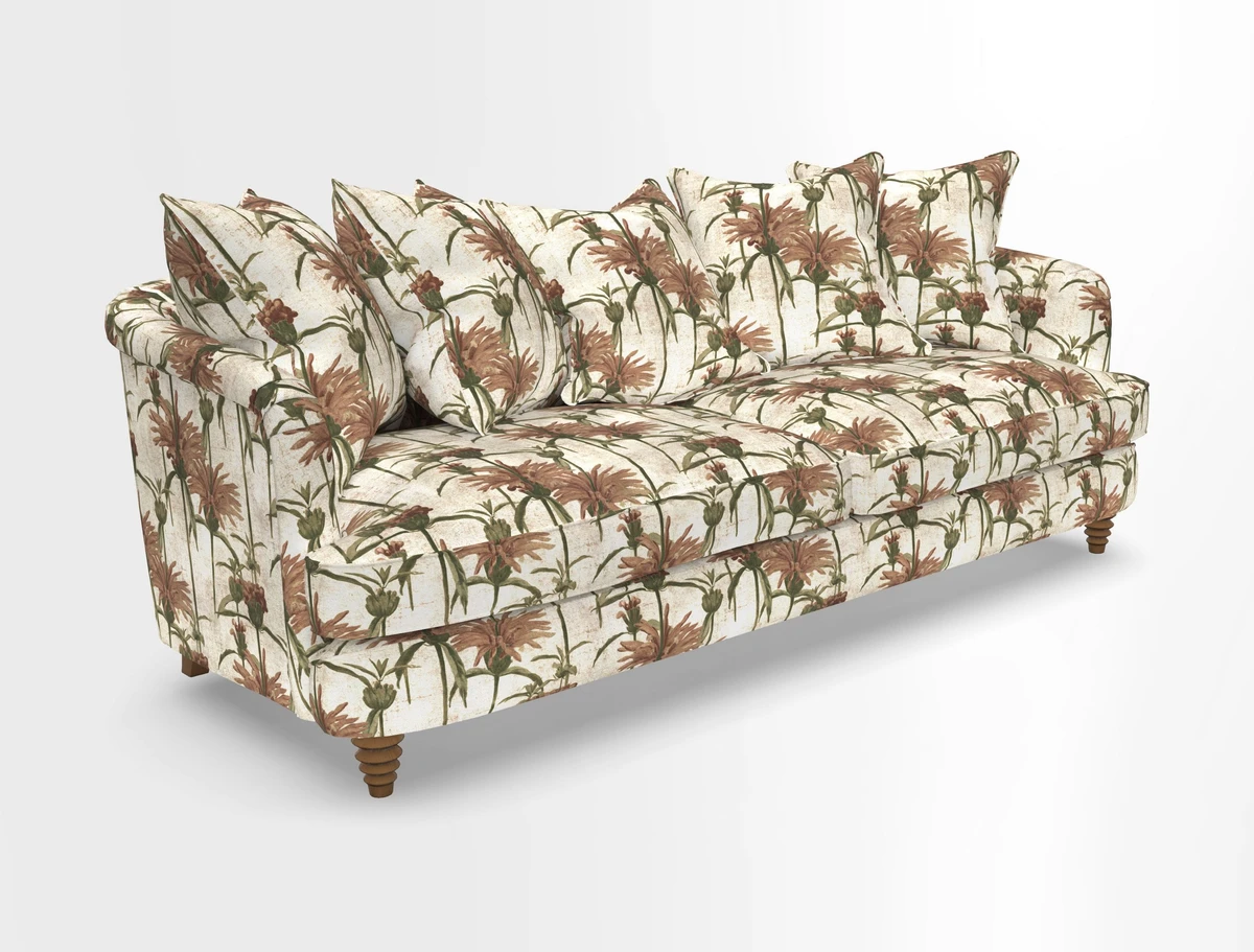 Helmsley Sofa in Mohair Velvet Fir Green with Seat and Back Cushions in RHS Collection Trailing Vine Olive and Small Trailing Ivy Olive