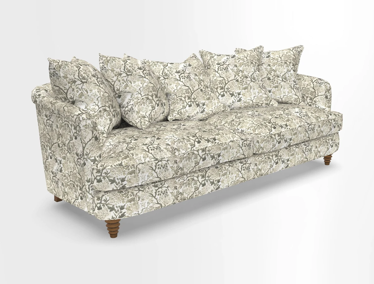 Helmsley Sofa in Mohair Velvet Fir Green with Seat and Back Cushions in RHS Collection Trailing Vine Olive and Small Trailing Ivy Olive