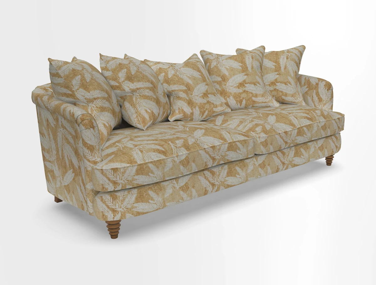 Helmsley Sofa in Mohair Velvet Fir Green with Seat and Back Cushions in RHS Collection Trailing Vine Olive and Small Trailing Ivy Olive