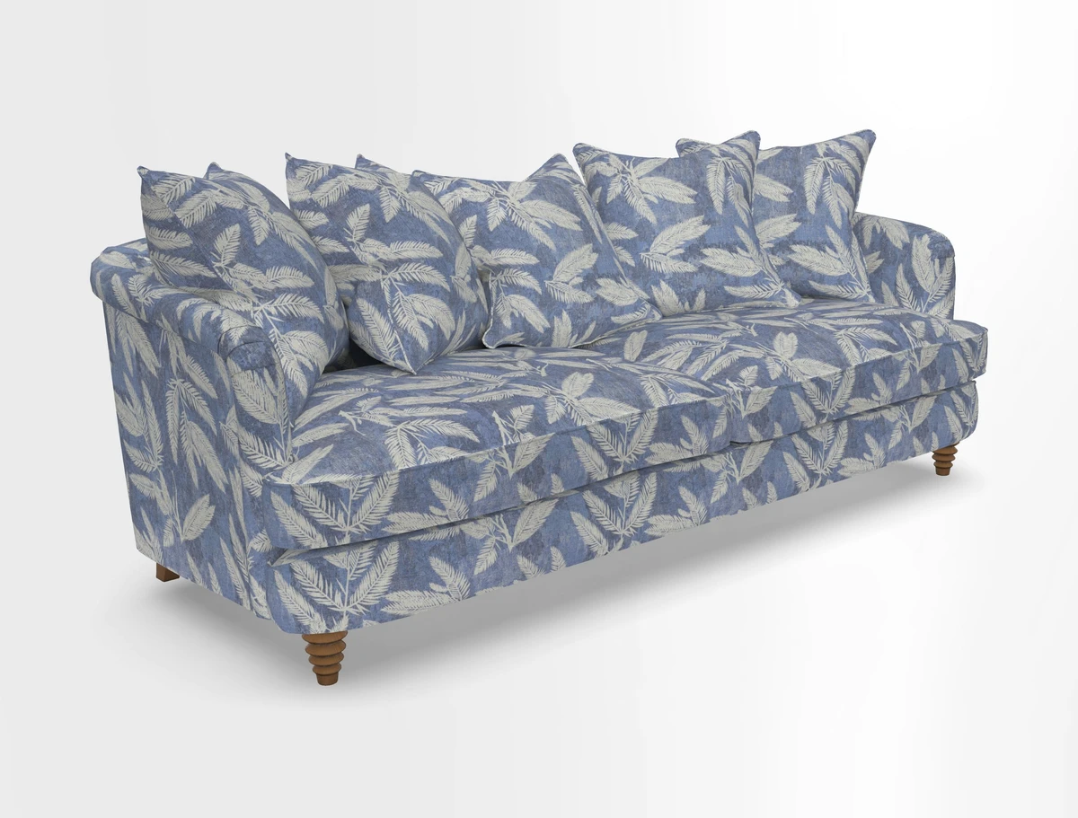 Helmsley Sofa in Mohair Velvet Fir Green with Seat and Back Cushions in RHS Collection Trailing Vine Olive and Small Trailing Ivy Olive