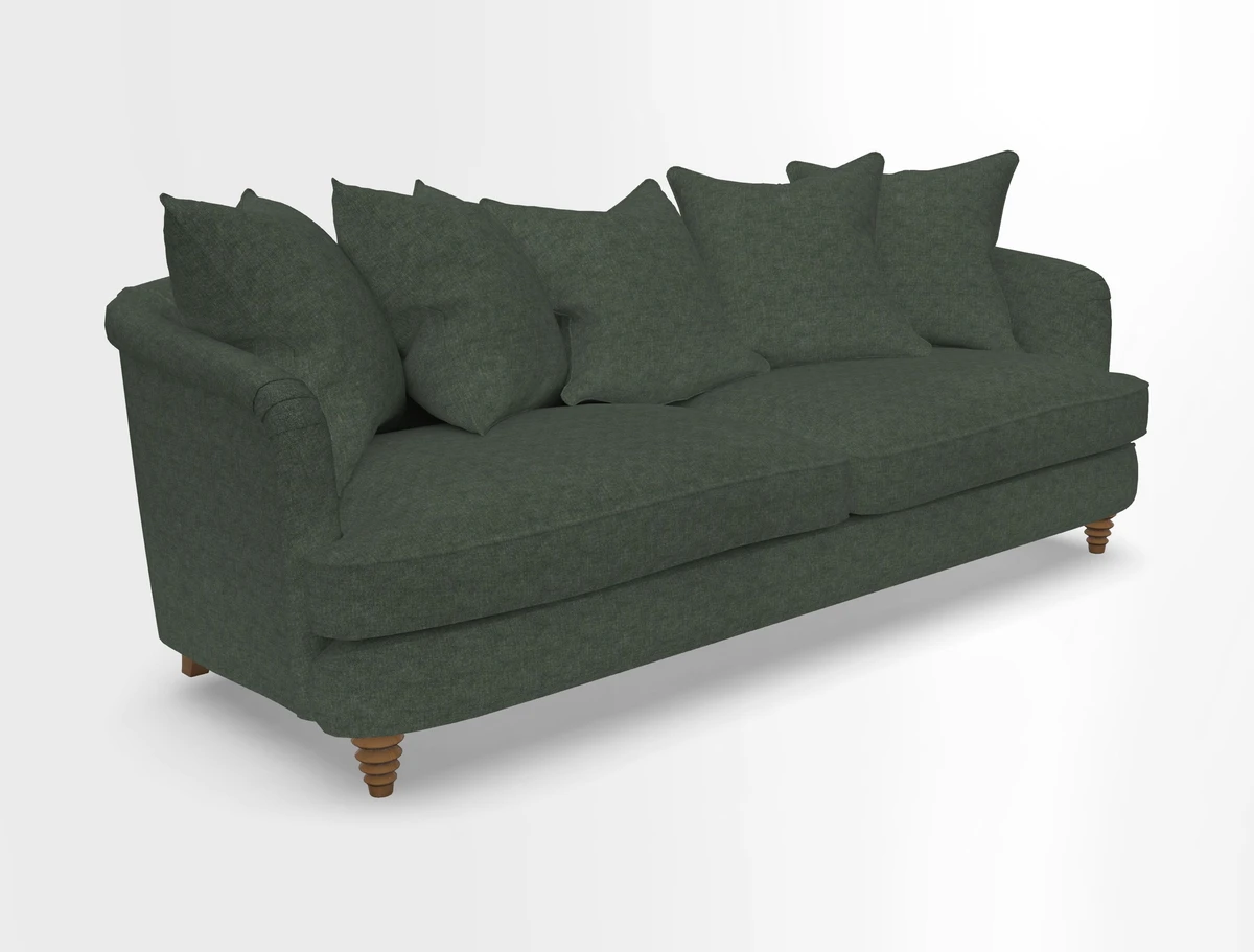 Helmsley Sofa in Mohair Velvet Fir Green with Seat and Back Cushions in RHS Collection Trailing Vine Olive and Small Trailing Ivy Olive