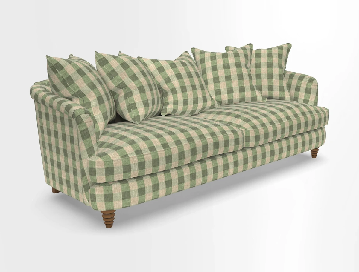 Helmsley Sofa in Mohair Velvet Fir Green with Seat and Back Cushions in RHS Collection Trailing Vine Olive and Small Trailing Ivy Olive
