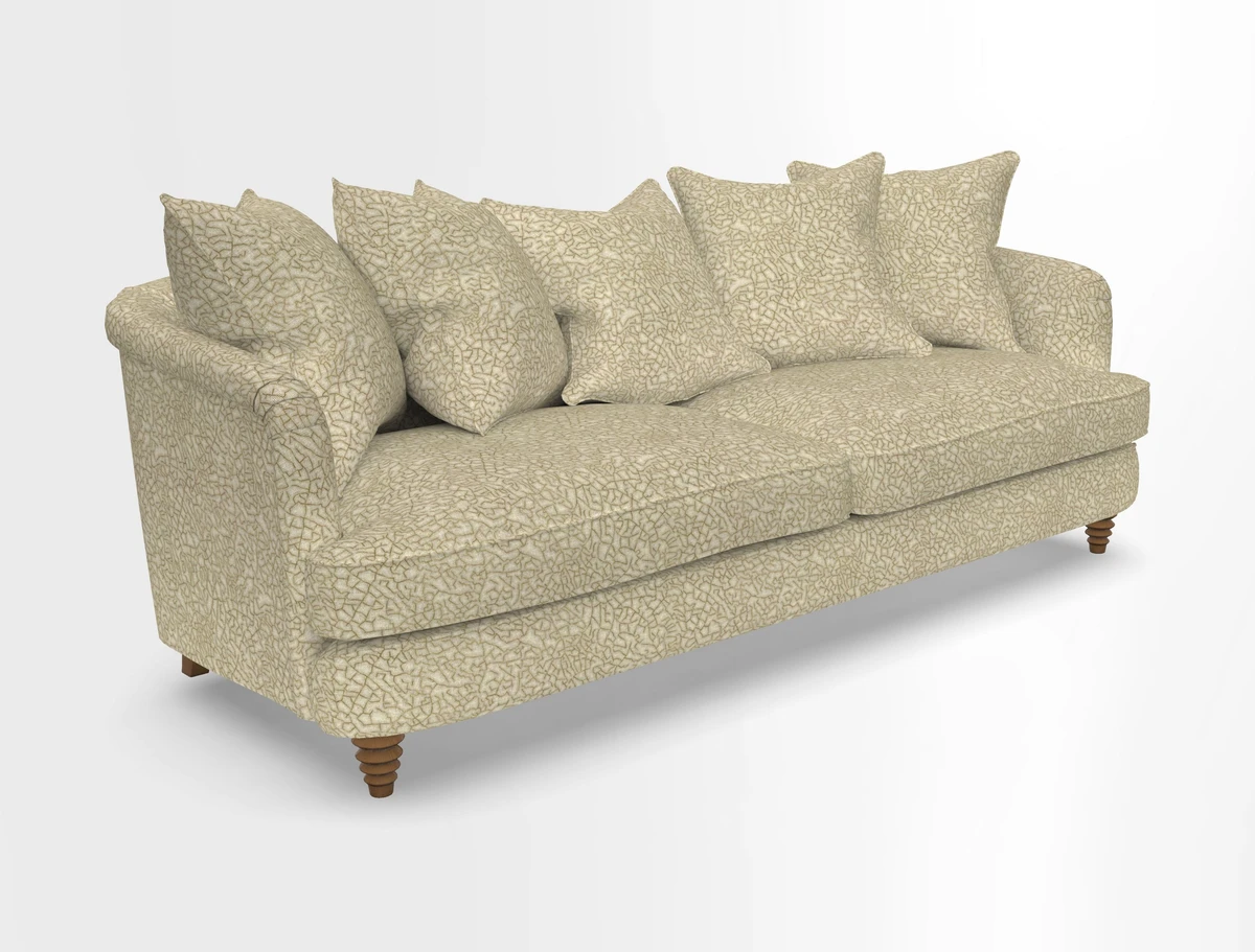 Helmsley Sofa in Mohair Velvet Fir Green with Seat and Back Cushions in RHS Collection Trailing Vine Olive and Small Trailing Ivy Olive