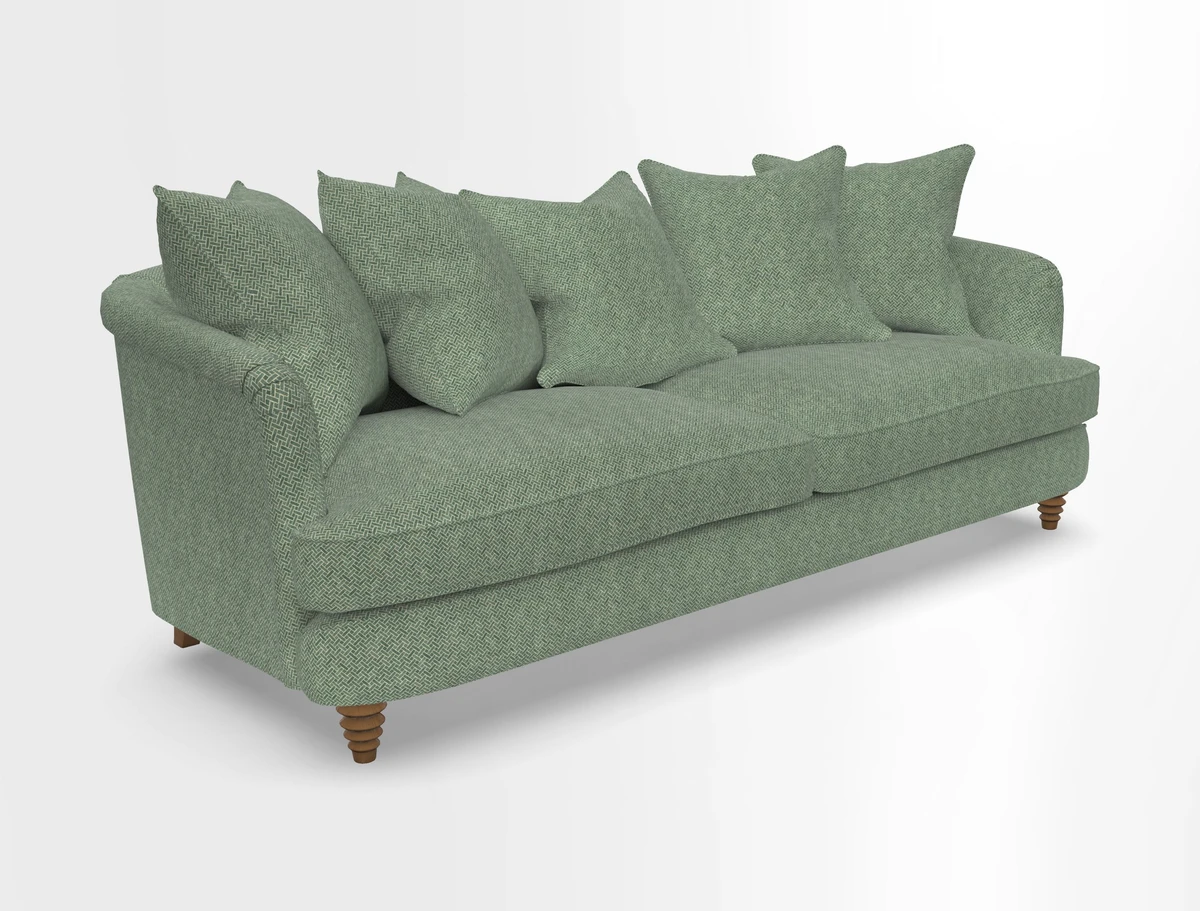 Helmsley Sofa in Mohair Velvet Fir Green with Seat and Back Cushions in RHS Collection Trailing Vine Olive and Small Trailing Ivy Olive