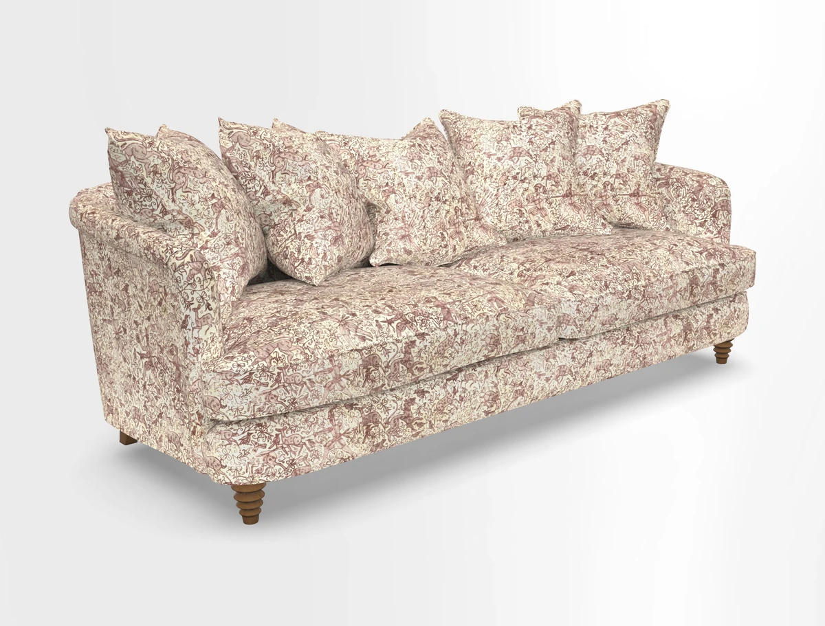 Helmsley Sofa in Mohair Velvet Fir Green with Seat and Back Cushions in RHS Collection Trailing Vine Olive and Small Trailing Ivy Olive