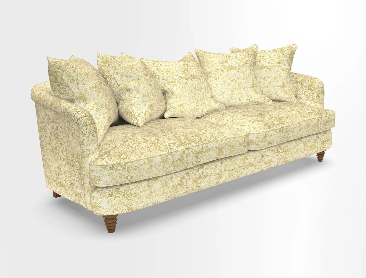 Helmsley Sofa in Mohair Velvet Fir Green with Seat and Back Cushions in RHS Collection Trailing Vine Olive and Small Trailing Ivy Olive