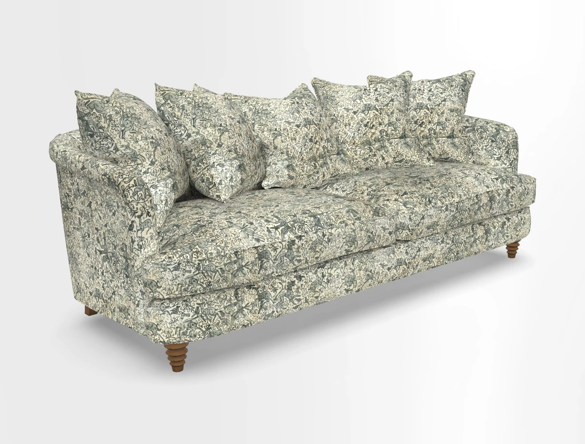 Helmsley Sofa in Mohair Velvet Fir Green with Seat and Back Cushions in RHS Collection Trailing Vine Olive and Small Trailing Ivy Olive