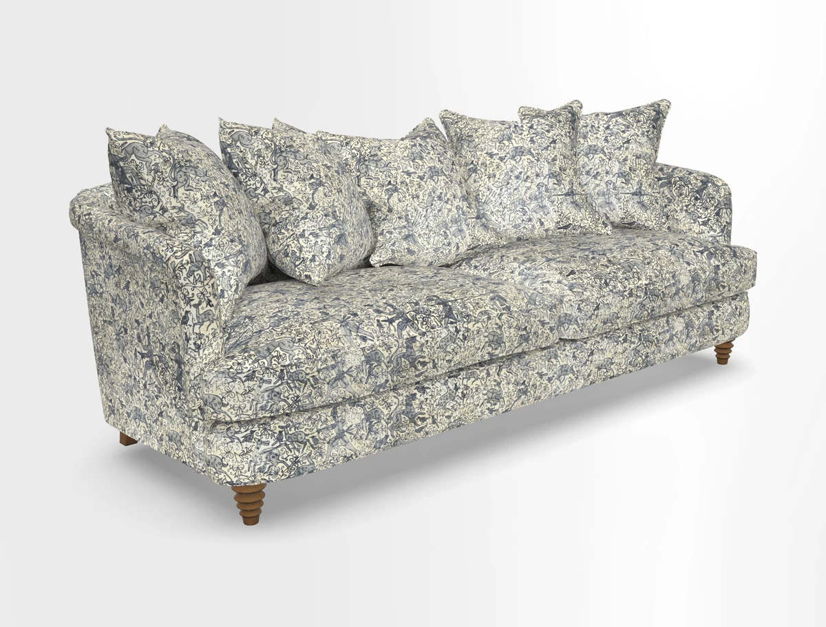 Helmsley Sofa in Mohair Velvet Fir Green with Seat and Back Cushions in RHS Collection Trailing Vine Olive and Small Trailing Ivy Olive