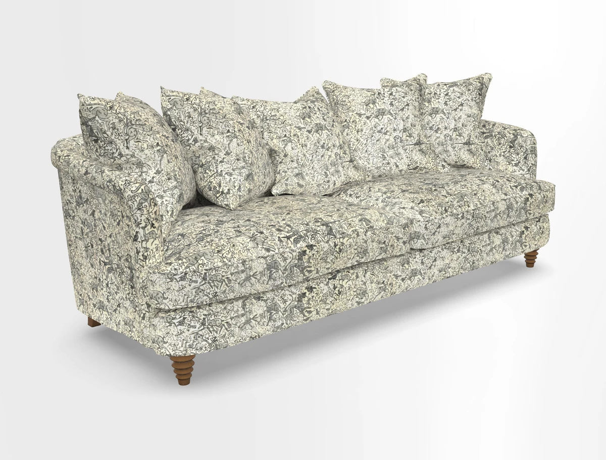Helmsley Sofa in Mohair Velvet Fir Green with Seat and Back Cushions in RHS Collection Trailing Vine Olive and Small Trailing Ivy Olive