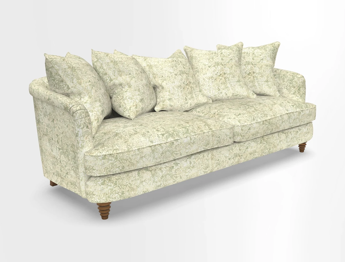 Helmsley Sofa in Mohair Velvet Fir Green with Seat and Back Cushions in RHS Collection Trailing Vine Olive and Small Trailing Ivy Olive