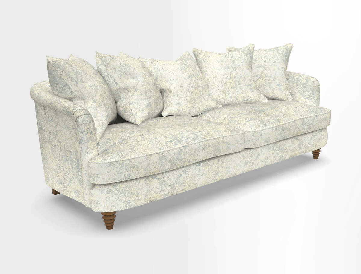 Helmsley Sofa in Mohair Velvet Fir Green with Seat and Back Cushions in RHS Collection Trailing Vine Olive and Small Trailing Ivy Olive
