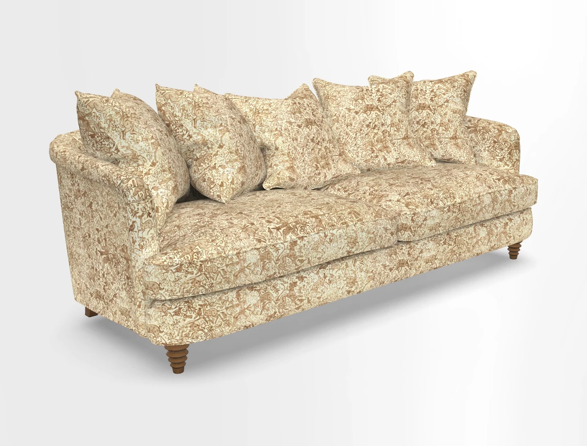 Helmsley Sofa in Mohair Velvet Fir Green with Seat and Back Cushions in RHS Collection Trailing Vine Olive and Small Trailing Ivy Olive