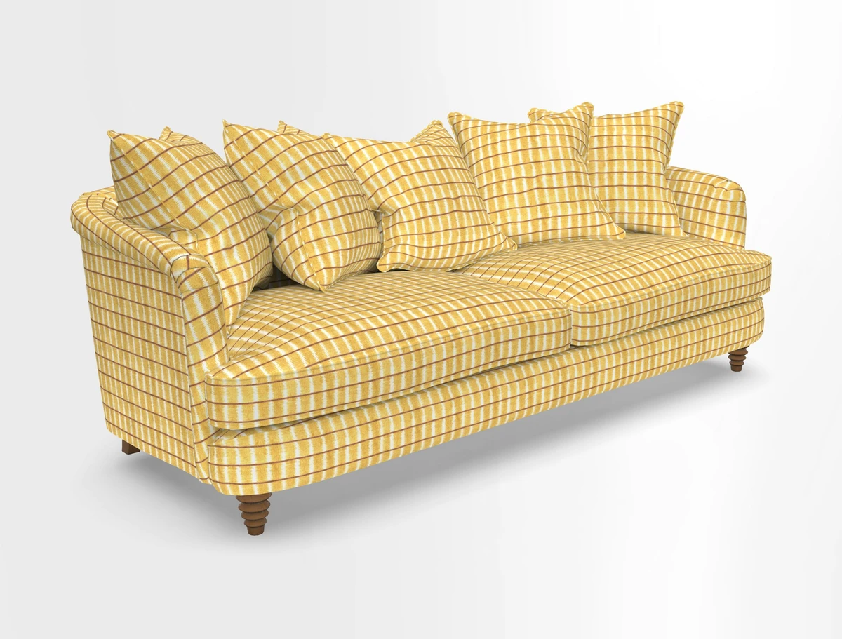 Helmsley Sofa in Mohair Velvet Fir Green with Seat and Back Cushions in RHS Collection Trailing Vine Olive and Small Trailing Ivy Olive