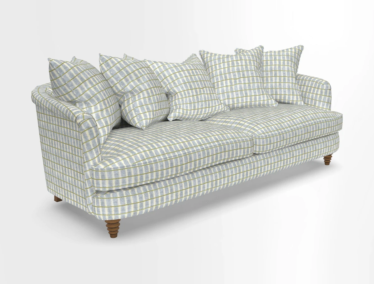 Helmsley Sofa in Mohair Velvet Fir Green with Seat and Back Cushions in RHS Collection Trailing Vine Olive and Small Trailing Ivy Olive