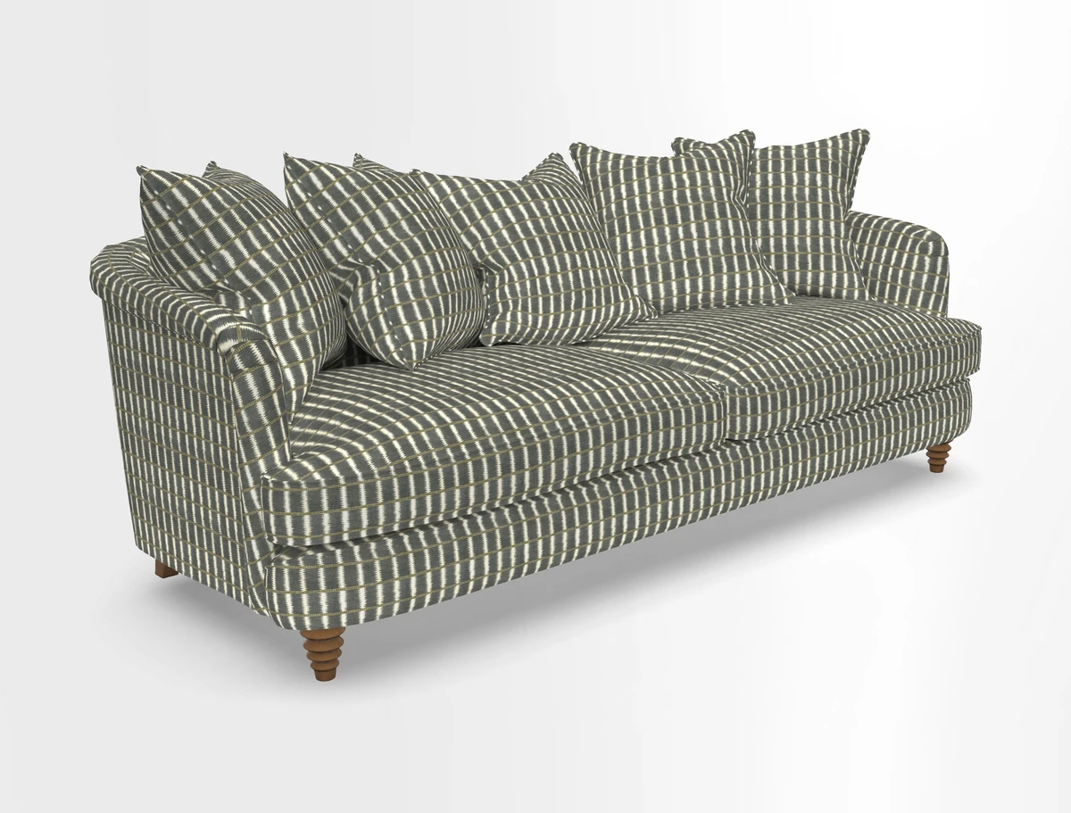 Helmsley Sofa in Mohair Velvet Fir Green with Seat and Back Cushions in RHS Collection Trailing Vine Olive and Small Trailing Ivy Olive