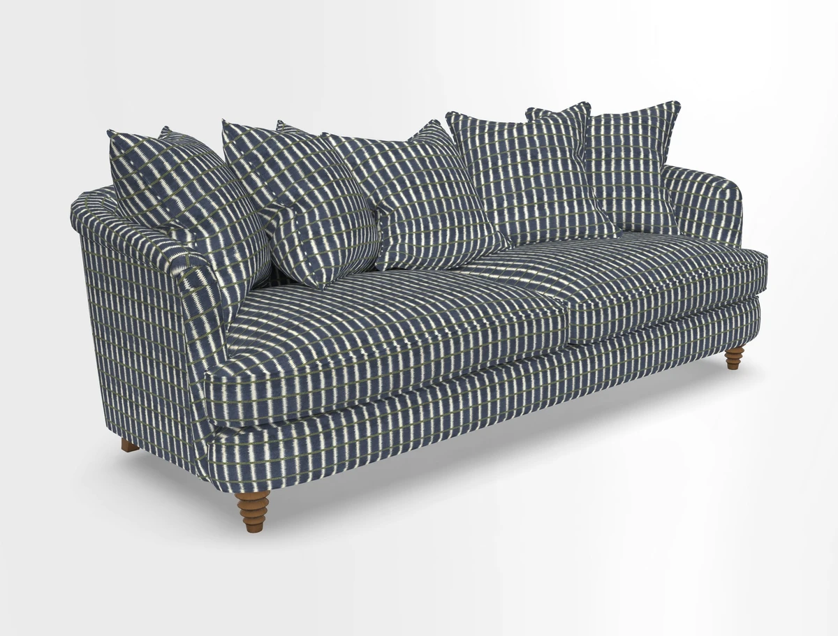 Helmsley Sofa in Mohair Velvet Fir Green with Seat and Back Cushions in RHS Collection Trailing Vine Olive and Small Trailing Ivy Olive