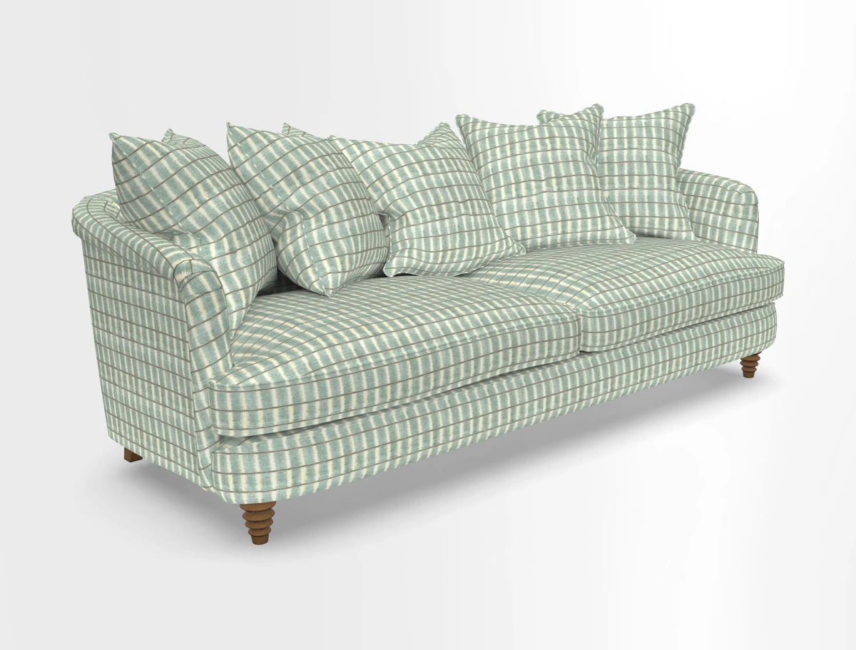 Helmsley Sofa in Mohair Velvet Fir Green with Seat and Back Cushions in RHS Collection Trailing Vine Olive and Small Trailing Ivy Olive