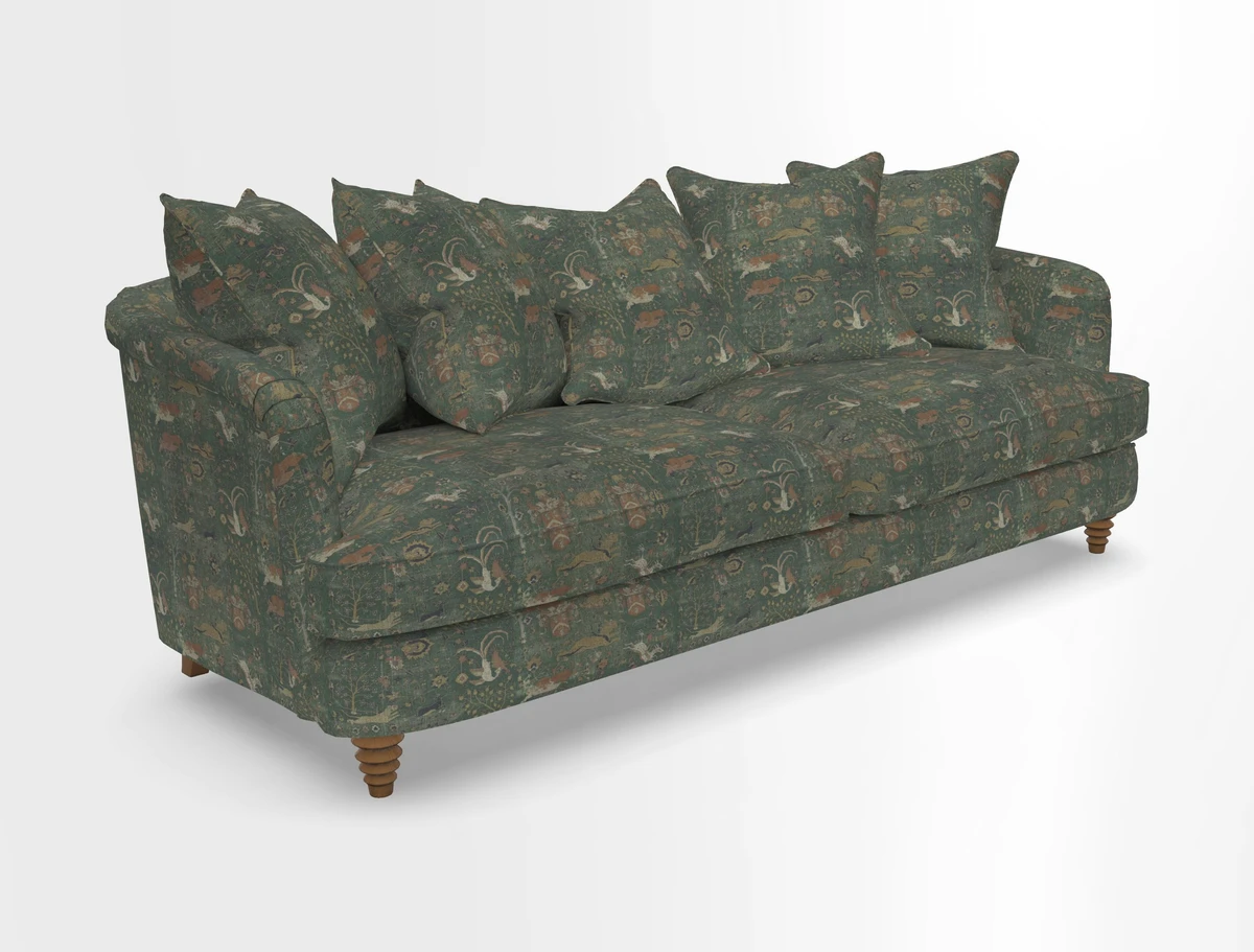 Helmsley Sofa in Mohair Velvet Fir Green with Seat and Back Cushions in RHS Collection Trailing Vine Olive and Small Trailing Ivy Olive