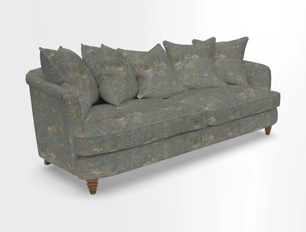 Helmsley Sofa in Mohair Velvet Fir Green with Seat and Back Cushions in RHS Collection Trailing Vine Olive and Small Trailing Ivy Olive