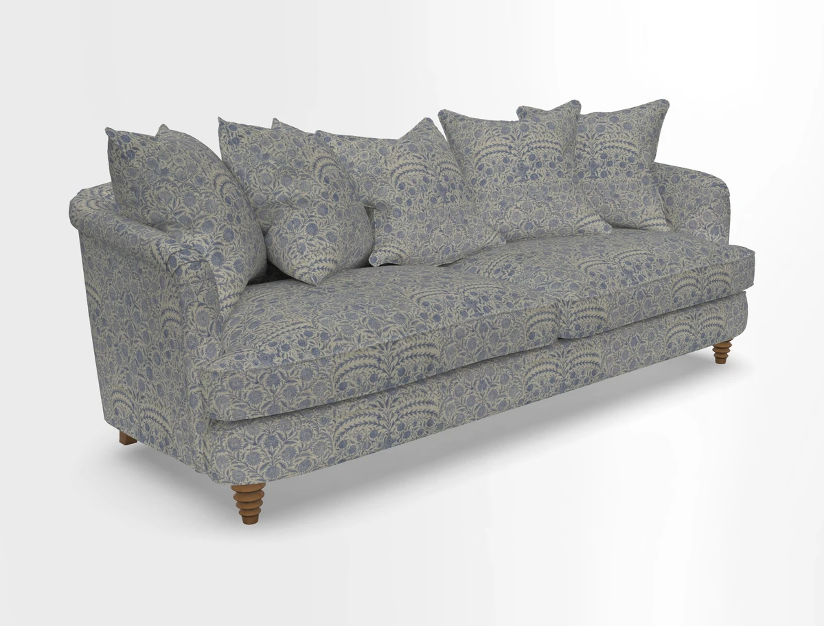 Helmsley Sofa in Mohair Velvet Fir Green with Seat and Back Cushions in RHS Collection Trailing Vine Olive and Small Trailing Ivy Olive