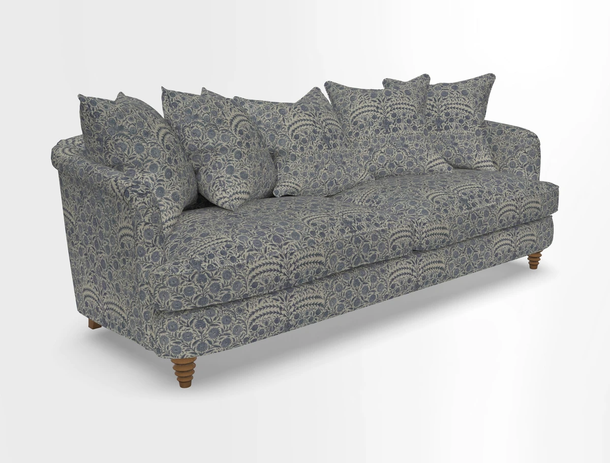 Helmsley Sofa in Mohair Velvet Fir Green with Seat and Back Cushions in RHS Collection Trailing Vine Olive and Small Trailing Ivy Olive