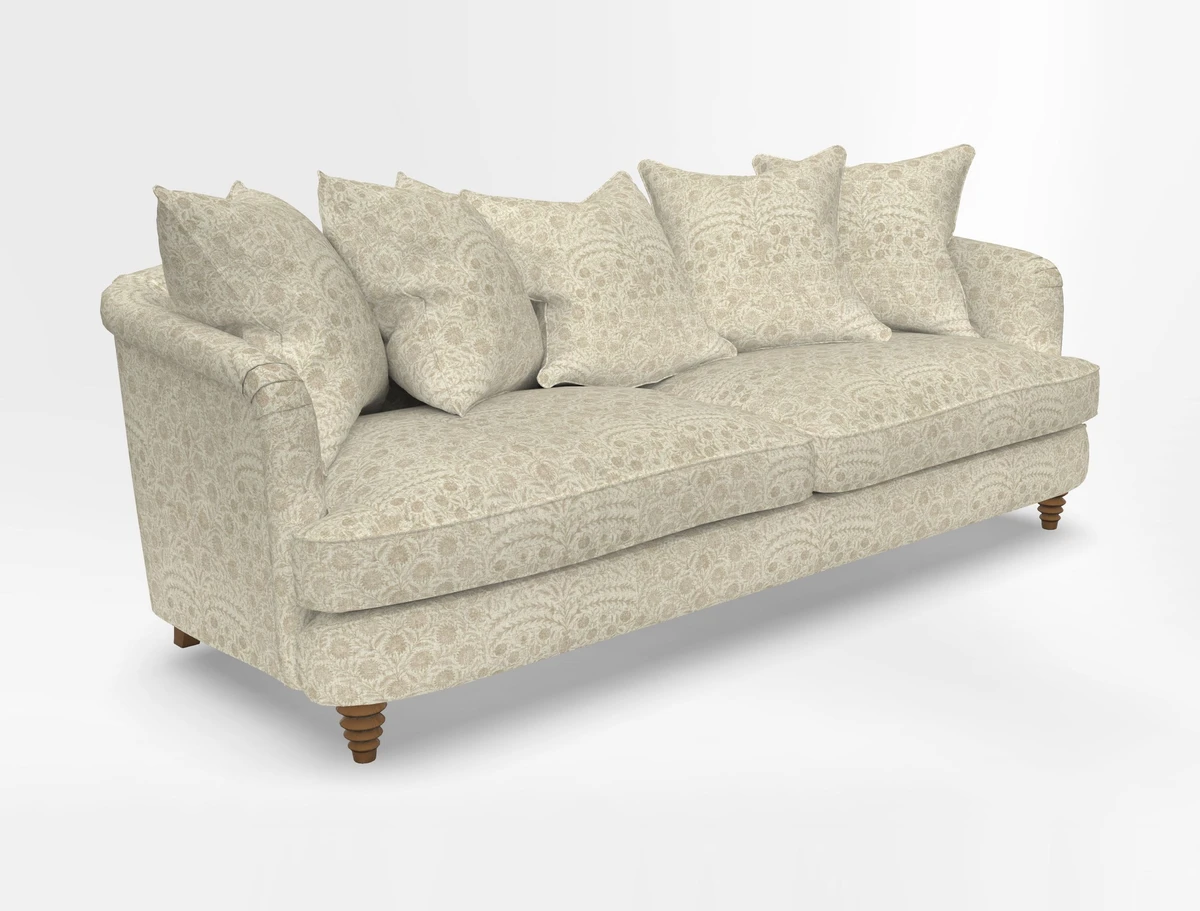 Helmsley Sofa in Mohair Velvet Fir Green with Seat and Back Cushions in RHS Collection Trailing Vine Olive and Small Trailing Ivy Olive