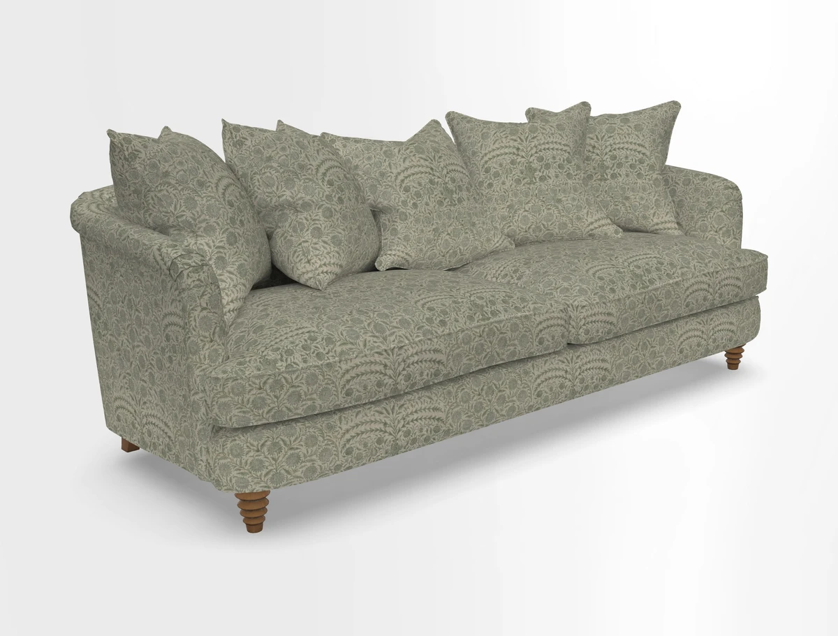Helmsley Sofa in Mohair Velvet Fir Green with Seat and Back Cushions in RHS Collection Trailing Vine Olive and Small Trailing Ivy Olive