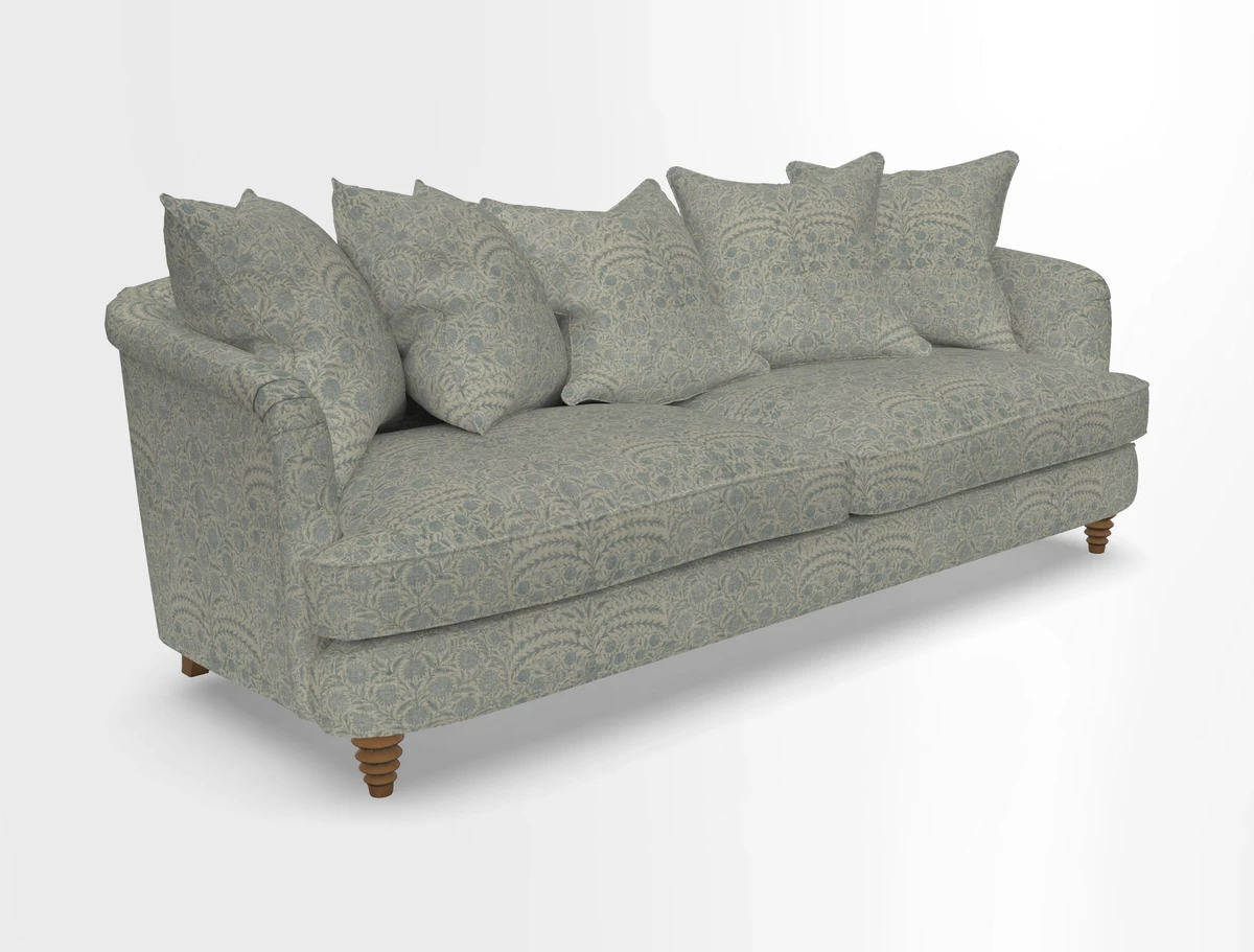 Helmsley Sofa in Mohair Velvet Fir Green with Seat and Back Cushions in RHS Collection Trailing Vine Olive and Small Trailing Ivy Olive