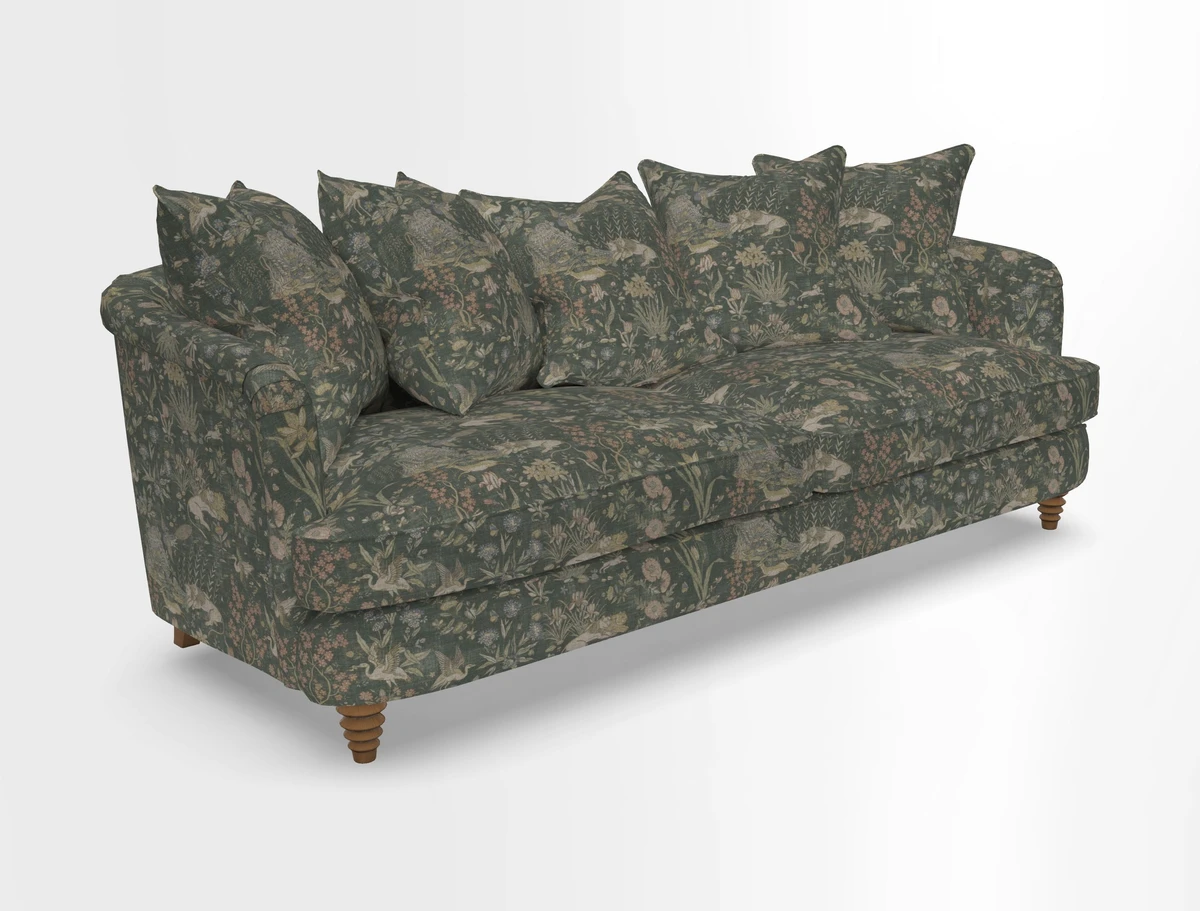 Helmsley Sofa in Mohair Velvet Fir Green with Seat and Back Cushions in RHS Collection Trailing Vine Olive and Small Trailing Ivy Olive