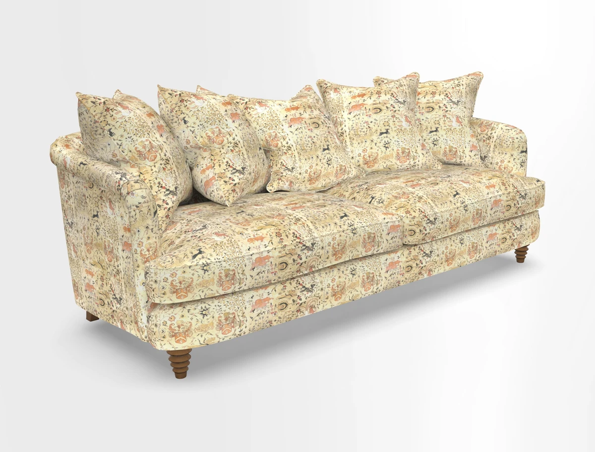 Helmsley Sofa in Mohair Velvet Fir Green with Seat and Back Cushions in RHS Collection Trailing Vine Olive and Small Trailing Ivy Olive