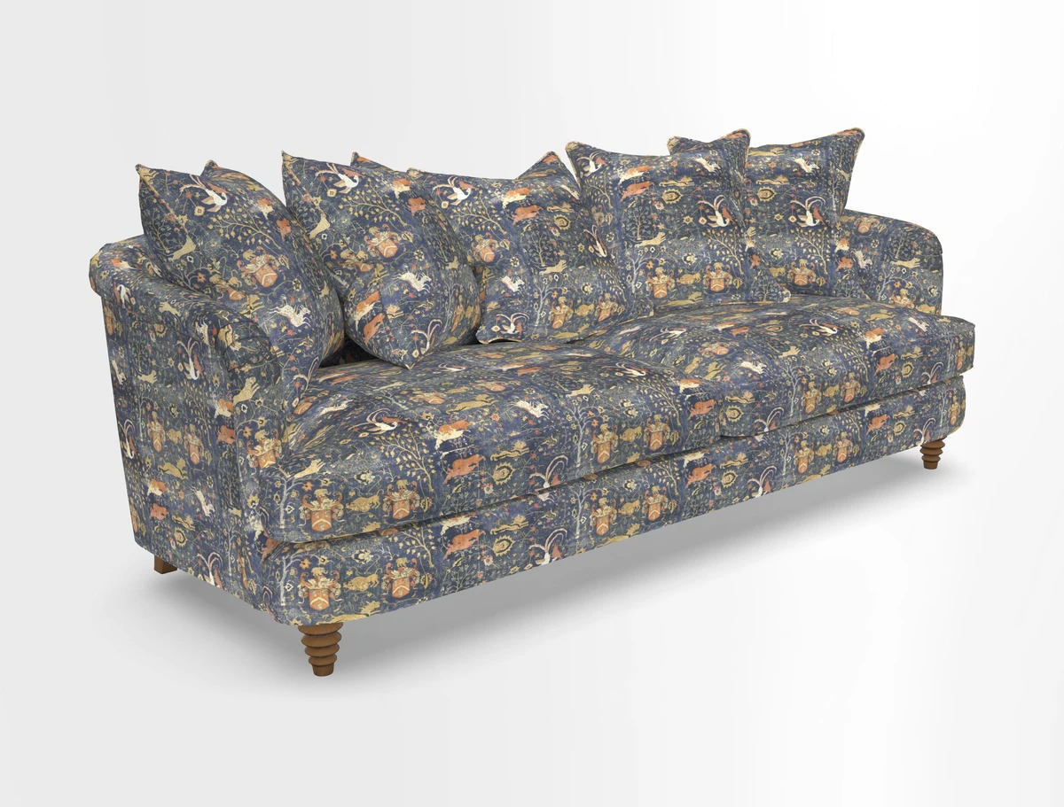 Helmsley Sofa in Mohair Velvet Fir Green with Seat and Back Cushions in RHS Collection Trailing Vine Olive and Small Trailing Ivy Olive