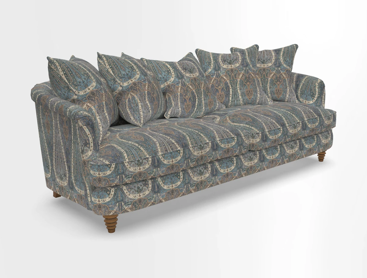 Helmsley Sofa in Mohair Velvet Fir Green with Seat and Back Cushions in RHS Collection Trailing Vine Olive and Small Trailing Ivy Olive
