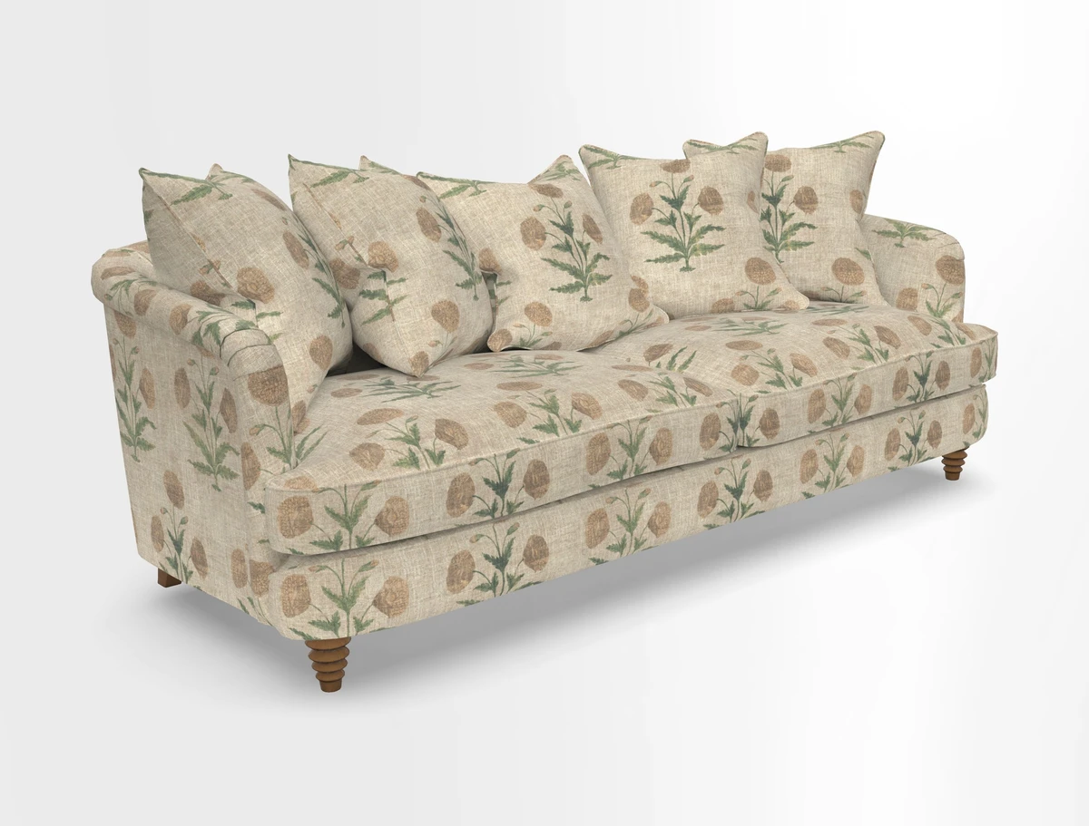 Helmsley Sofa in Mohair Velvet Fir Green with Seat and Back Cushions in RHS Collection Trailing Vine Olive and Small Trailing Ivy Olive
