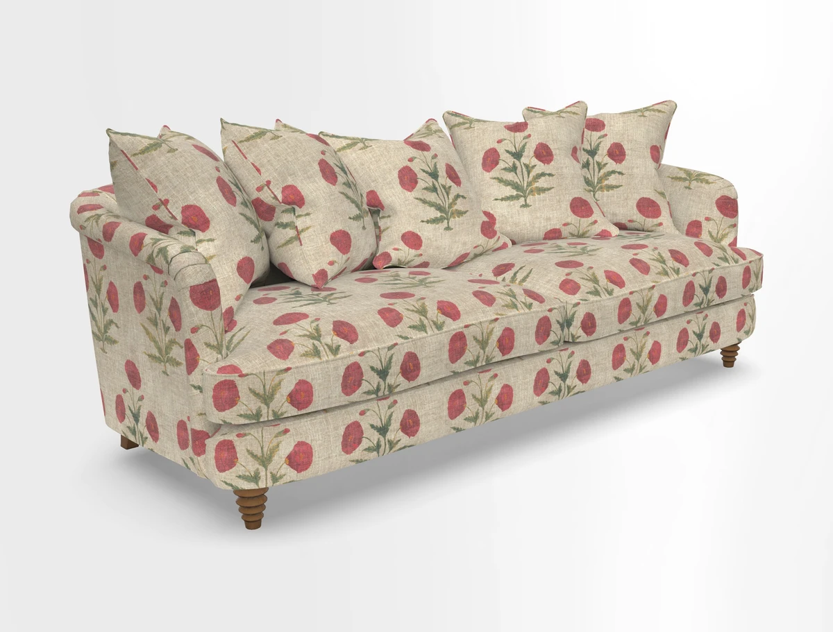 Helmsley Sofa in Mohair Velvet Fir Green with Seat and Back Cushions in RHS Collection Trailing Vine Olive and Small Trailing Ivy Olive
